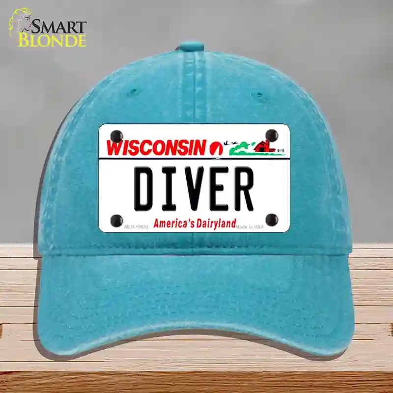 HAT10-MLP-10633 Diver Wisconsin Novelty License Plate Hat, Unconstructed Cotton - Lake Blue