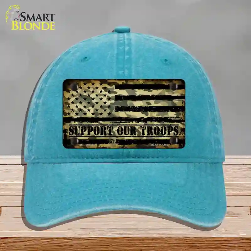 HAT10-MLP-10743 Camo American Flag Support Troops Novelty License Plate Hat, Unconstructed Cotton - Lake Blue