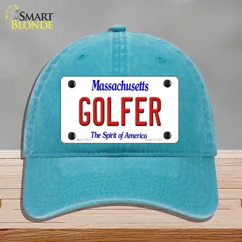 HAT10-MLP-11012 Golfer Massachusetts Novelty License Plate Hat, Unconstructed Cotton - Lake Blue
