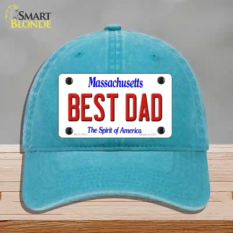 HAT10-MLP-11017 Best Dad Massachusetts Novelty License Plate Hat, Unconstructed Cotton - Lake Blue