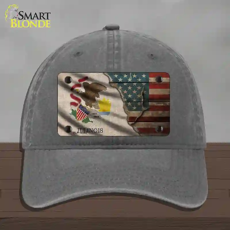 HAT08-MLP-12392 Illinois & American Flag Novelty License Plate Hat, Unconstructed Cotton - Charcoal