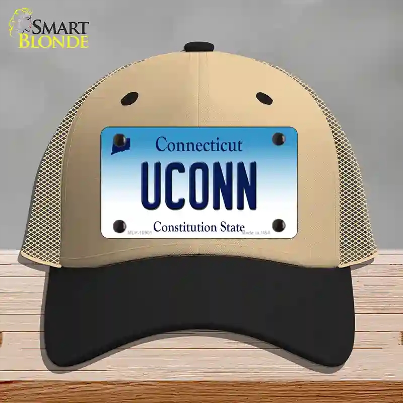 HAT02-MLP-10901 UConn Connecticut Novelty License Plate Hat, Mesh - Khaki & Black