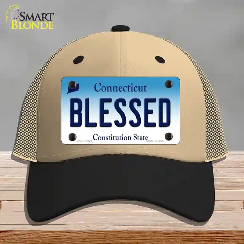 HAT02-MLP-10922 Blessed Connecticut Novelty License Plate Hat, Mesh - Khaki & Black