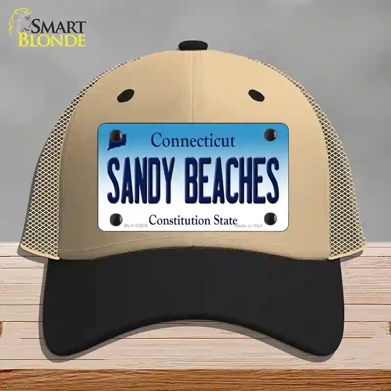 HAT02-MLP-10929 Sandy Beaches Connecticut Novelty License Plate Hat, Mesh - Khaki & Black