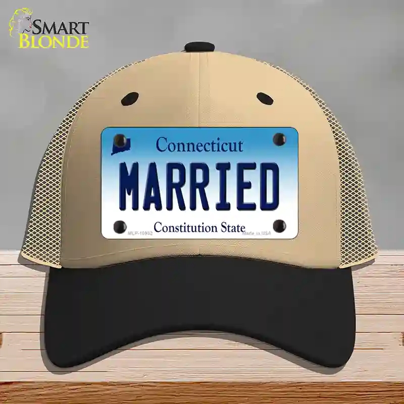 HAT02-MLP-10932 Married Connecticut Novelty License Plate Hat, Mesh - Khaki & Black