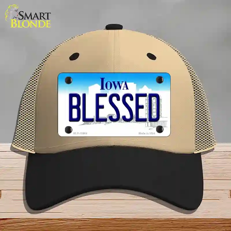 HAT02-MLP-10964 Blessed Iowa Novelty License Plate Hat, Mesh - Khaki & Black