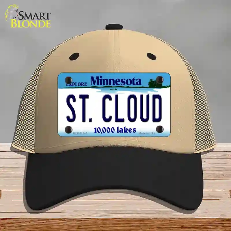 HAT02-MLP-11040 St Cloud Minnesota State Novelty License Plate Hat, Mesh - Khaki & Black