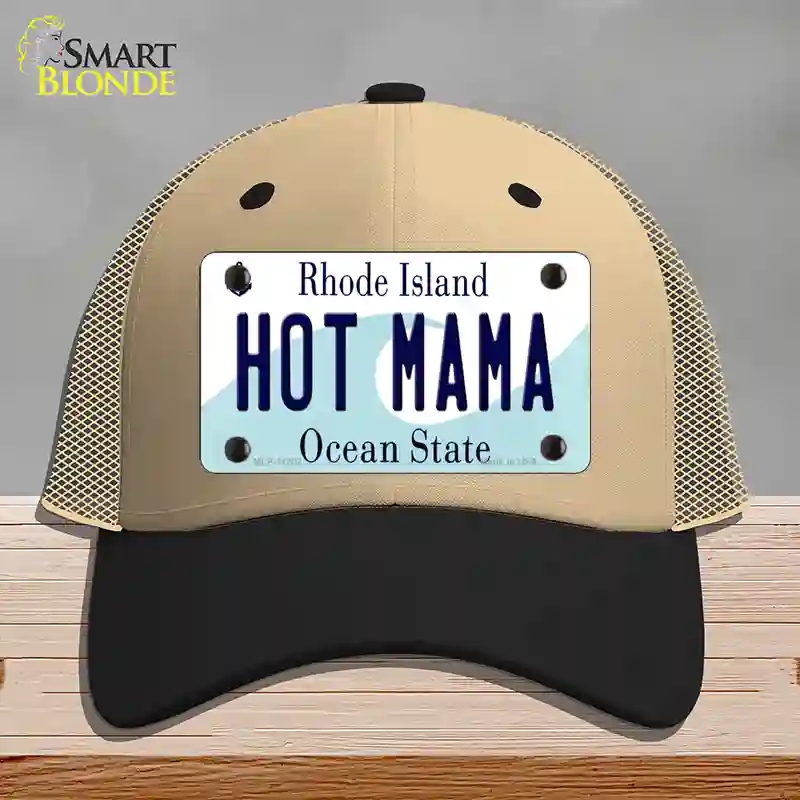 HAT02-MLP-11202 Hot Mama Rhode Island State Novelty License Plate Hat, Mesh - Khaki & Black