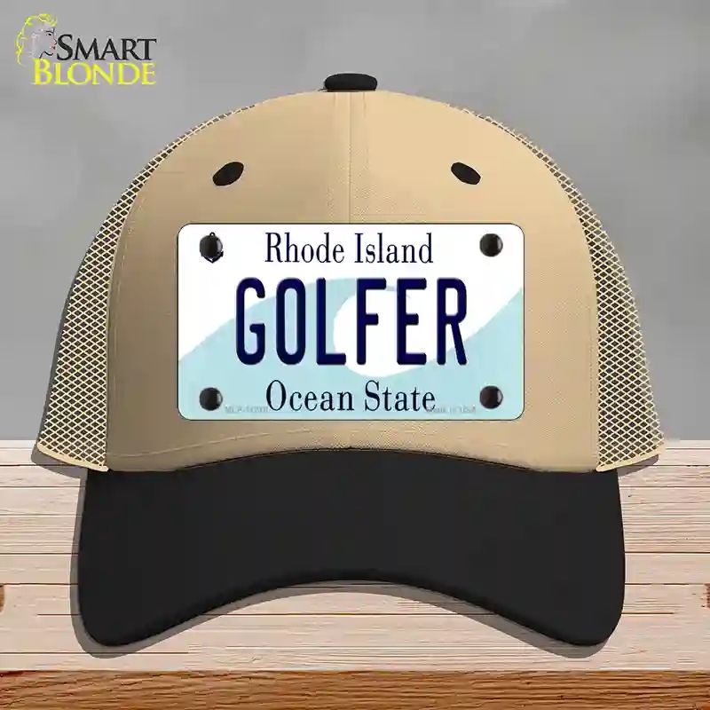 HAT02-MLP-11216 Golfer Rhode Island State Novelty License Plate Hat, Mesh - Khaki & Black
