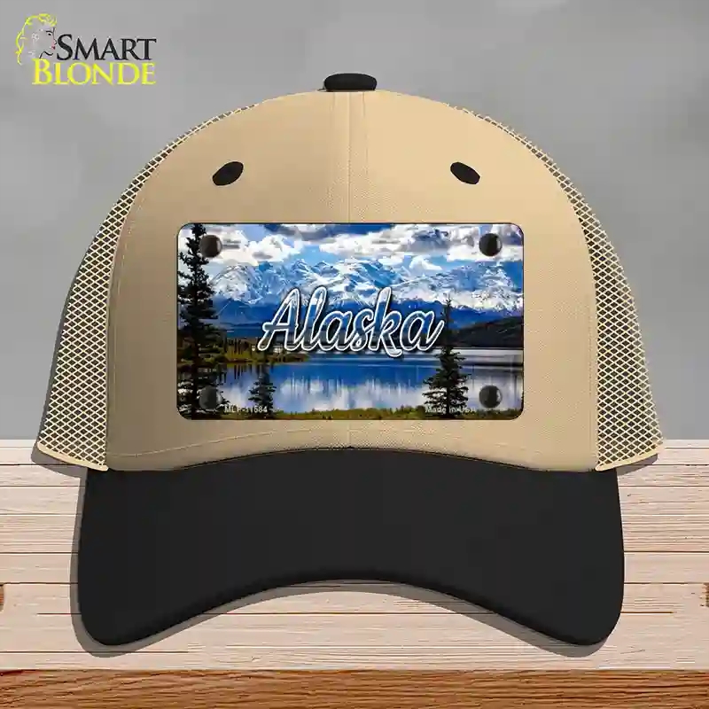 HAT02-MLP-11584 Alaska Snowy Mountains State Novelty License Plate Hat, Mesh - Khaki & Black