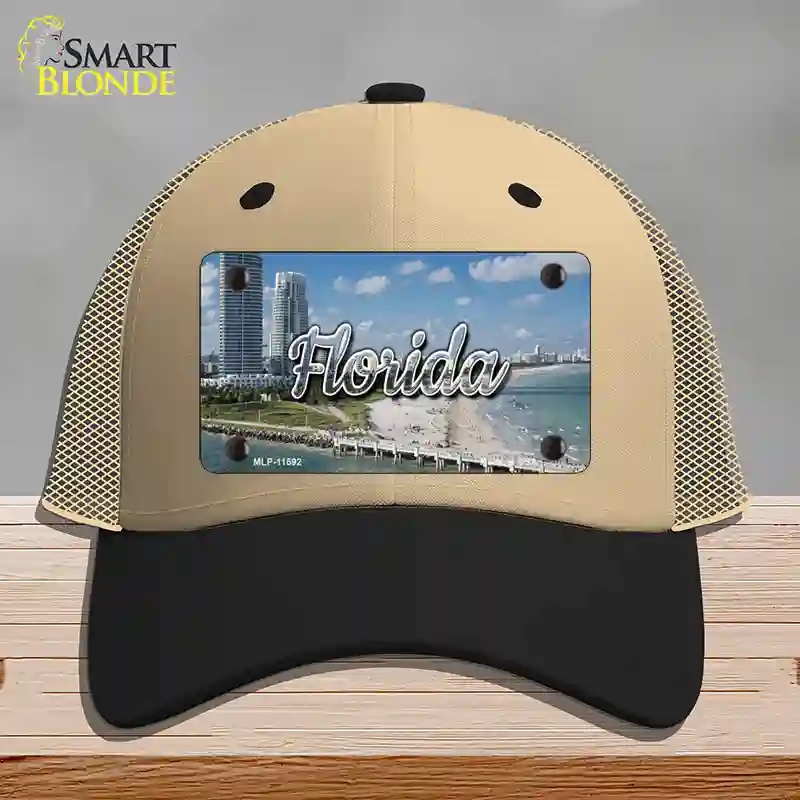 HAT02-MLP-11592 Florida White Sand Beach State Novelty License Plate Hat, Mesh - Khaki & Black