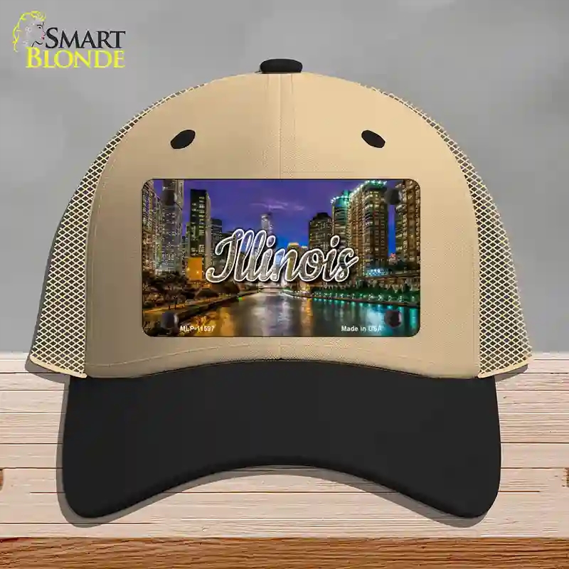 HAT02-MLP-11597 Illinois River City Lights State Novelty License Plate Hat, Mesh - Khaki & Black