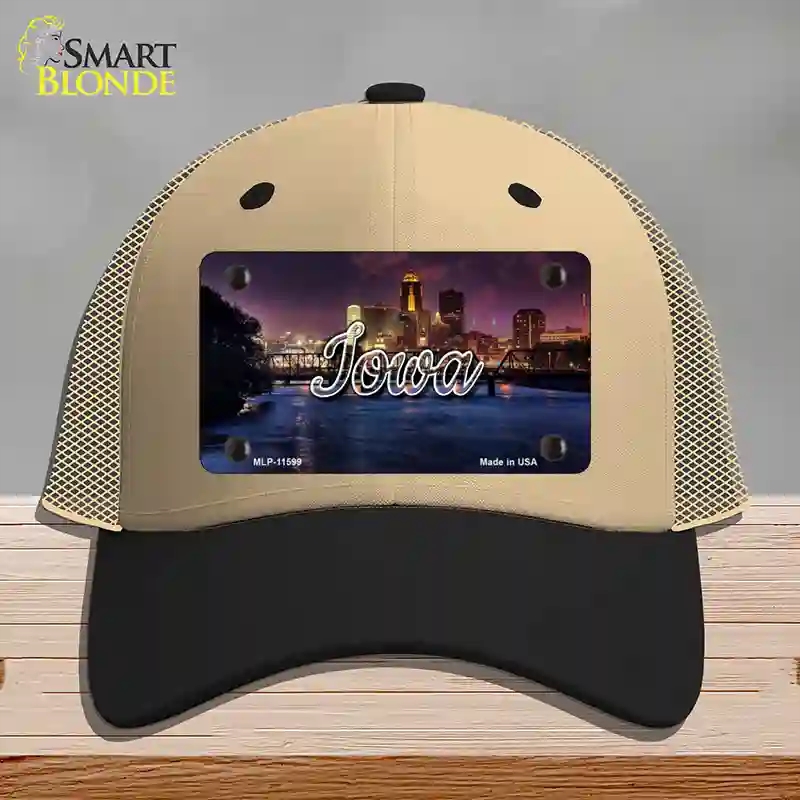 HAT02-MLP-11599 Iowa Bridge City Lights State Novelty License Plate Hat, Mesh - Khaki & Black