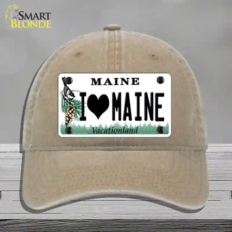 HAT09-MLP-10384 I Love Maine Novelty License Plate Hat, Unconstructed Cotton - Khaki