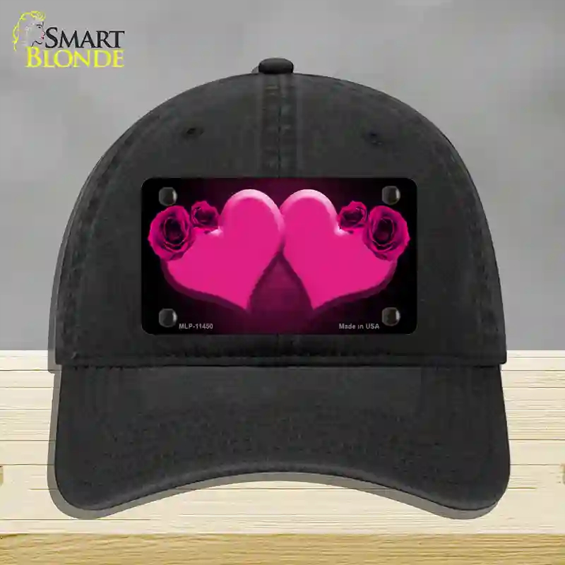 HAT07-MLP-11450 Hearts Over Roses in Pink Novelty License Plate Hat, Unconstructed Cotton - Black