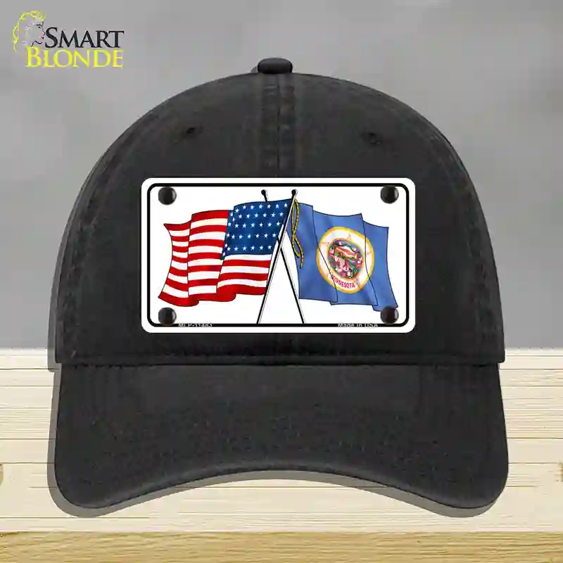 HAT07-MLP-11483 Minnesota Crossed US Flag Novelty License Plate Hat, Unconstructed Cotton - Black