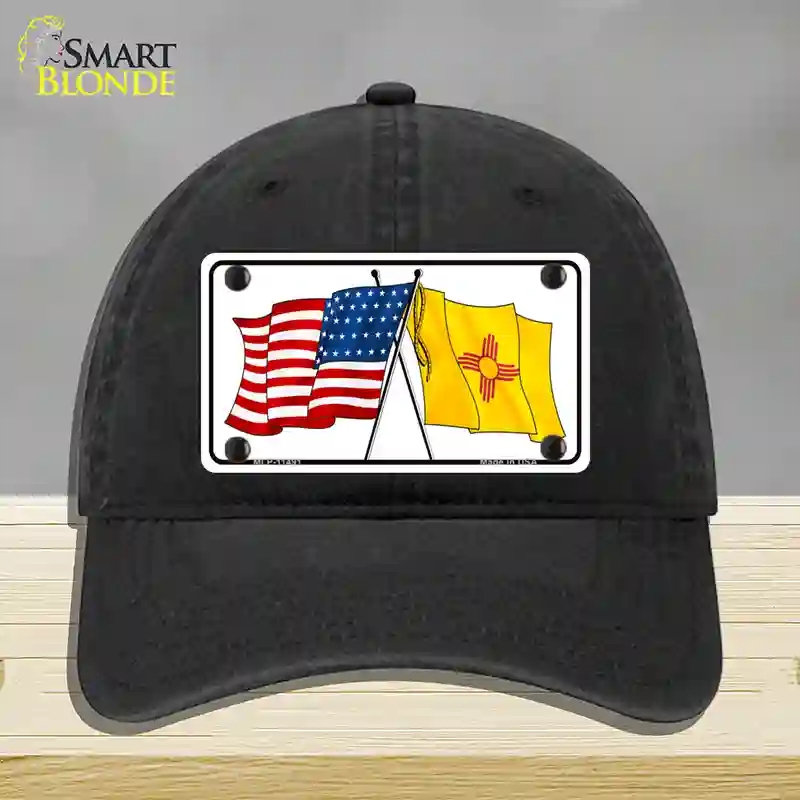 HAT07-MLP-11491   Mexico Crossed US Flag Novelty License Plate Hat, Unconstructed Cotton - Black