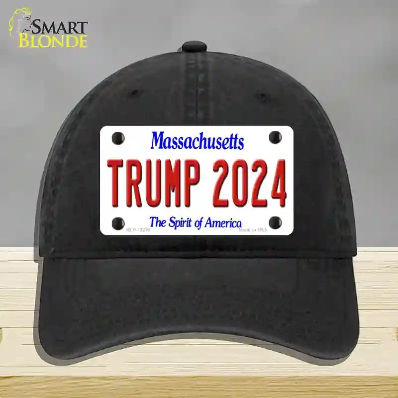HAT07-MLP-12236 Trump 2024 Massachusetts Novelty License Plate Hat, Unconstructed Cotton - Black
