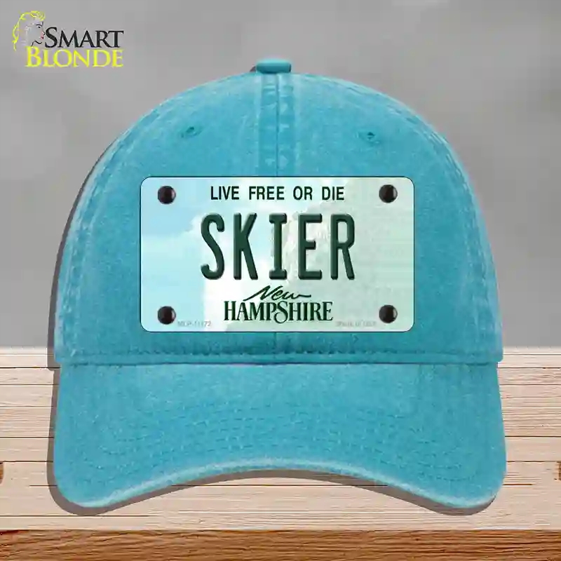 HAT10-MLP-11172 Skier   Hampshire State Novelty License Plate Hat, Unconstructed Cotton - Lake Blue