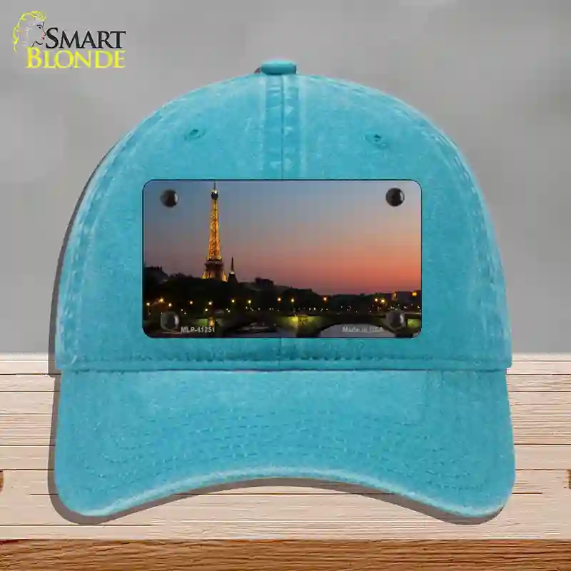 HAT10-MLP-11251 Eiffel Tower Night with River & Bridge Novelty License Plate Hat, Unconstructed Cotton - Lake Blue