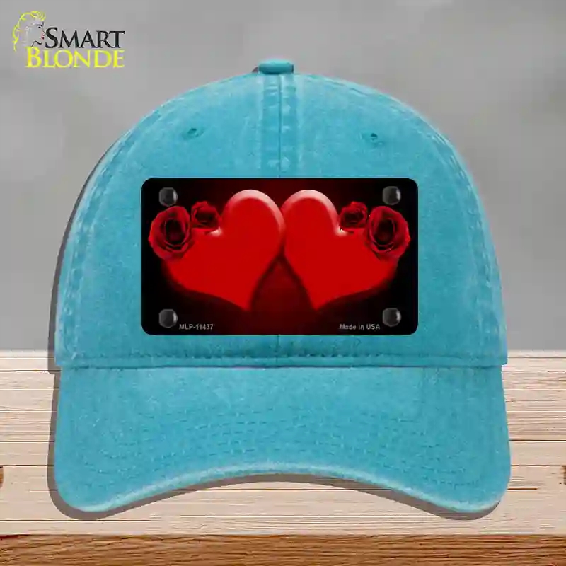 HAT10-MLP-11437 Hearts Over Roses in Red Novelty License Plate Hat, Unconstructed Cotton - Lake Blue