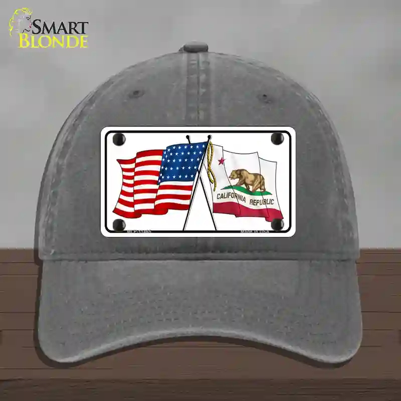 HAT08-MLP-11465 California Crossed US Flag Novelty License Plate Hat, Unconstructed Cotton - Charcoal