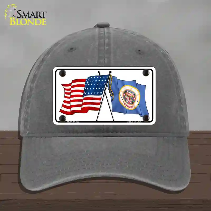 HAT08-MLP-11483 Minnesota Crossed US Flag Novelty License Plate Hat, Unconstructed Cotton - Charcoal