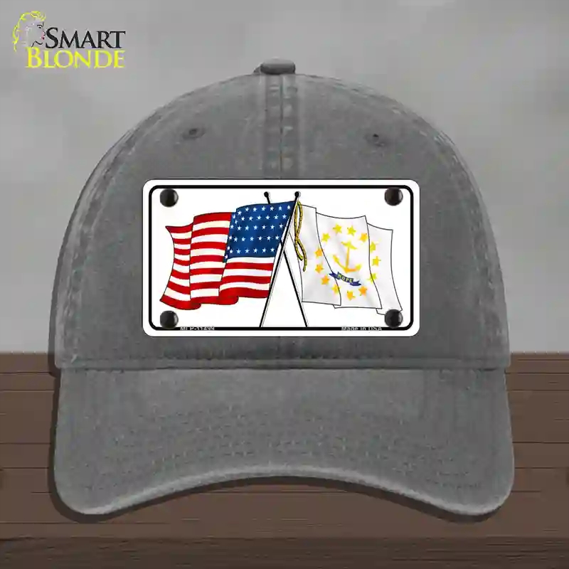 HAT08-MLP-11499 Rhode Island Crossed US Flag Novelty License Plate Hat, Unconstructed Cotton - Charcoal