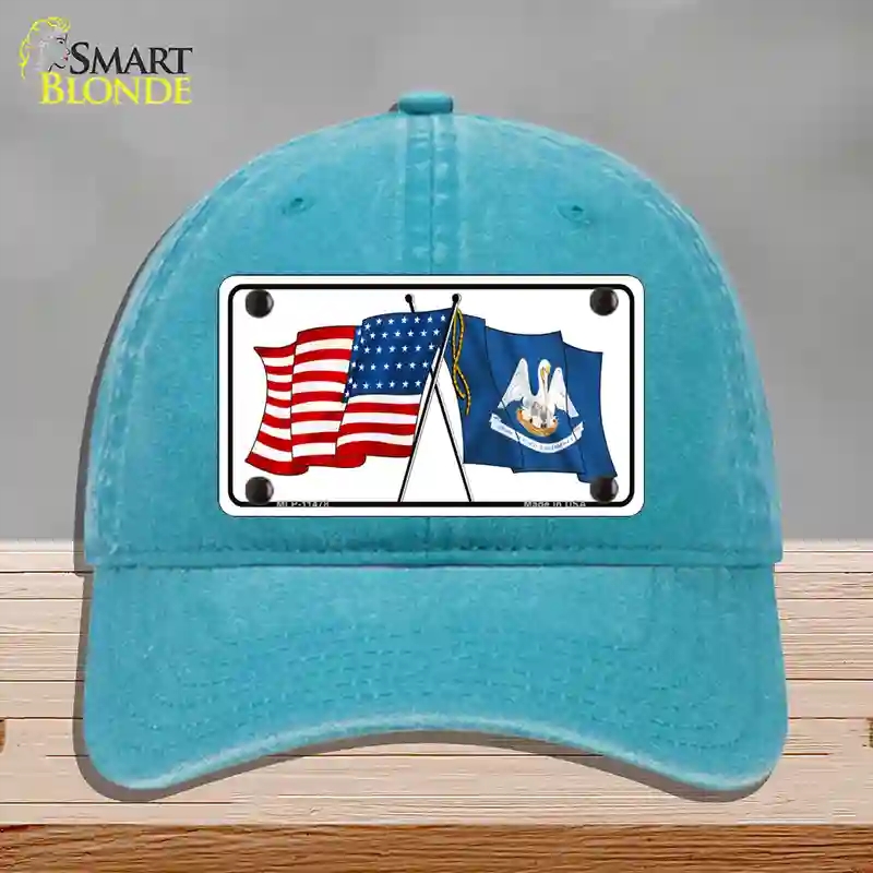 HAT10-MLP-11478 Louisiana Crossed US Flag Novelty License Plate Hat, Unconstructed Cotton - Lake Blue