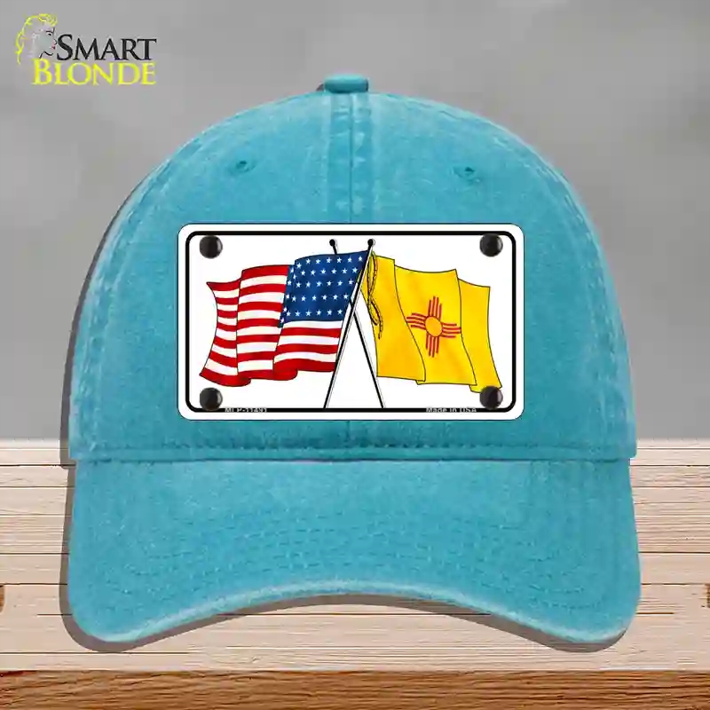 HAT10-MLP-11491   Mexico Crossed US Flag Novelty License Plate Hat, Unconstructed Cotton - Lake Blue