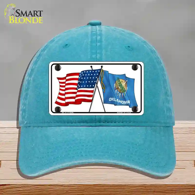 HAT10-MLP-11496 Oklahoma Crossed US Flag Novelty License Plate Hat, Unconstructed Cotton - Lake Blue