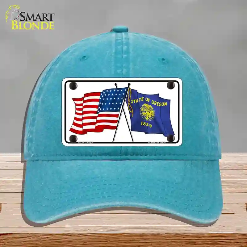 HAT10-MLP-11497 Oregon Crossed US Flag Novelty License Plate Hat, Unconstructed Cotton - Lake Blue
