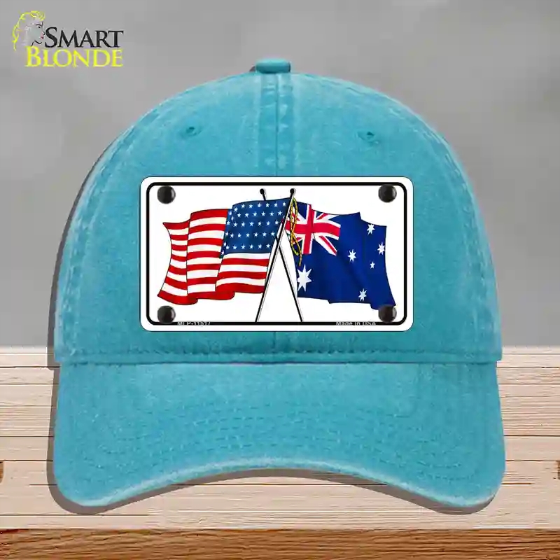 HAT10-MLP-11517 Australia Crossed US Flag Novelty License Plate Hat, Unconstructed Cotton - Lake Blue
