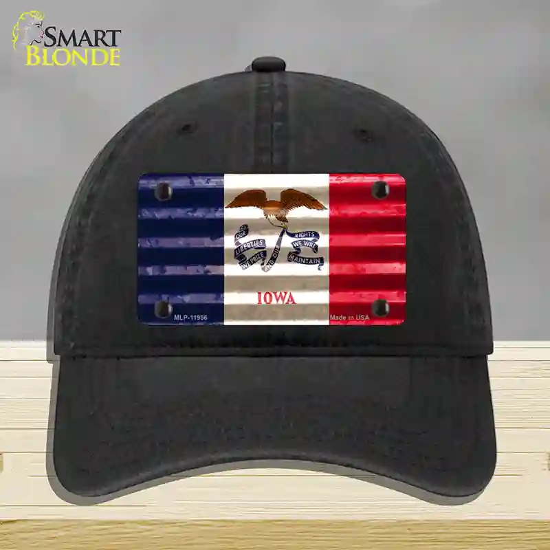 HAT07-MLP-11956 Iowa Corrugated Flag Novelty License Plate Hat, Unconstructed Cotton - Black