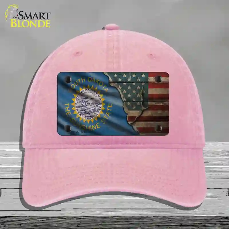 HAT12-MLP-12420 South Dakota & American Flag Novelty License Plate Hat, Unconstructed Cotton - Pink
