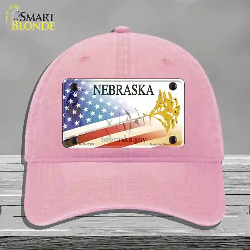 HAT12-MLP-12451 Nebraska American Flag Novelty License Plate Hat, Unconstructed Cotton - Pink