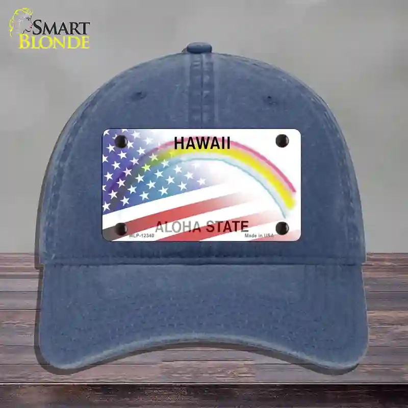 HAT11-MLP-12340 Hawaii with American Flag Novelty License Plate Hat, Unconstructed Cotton - Navy