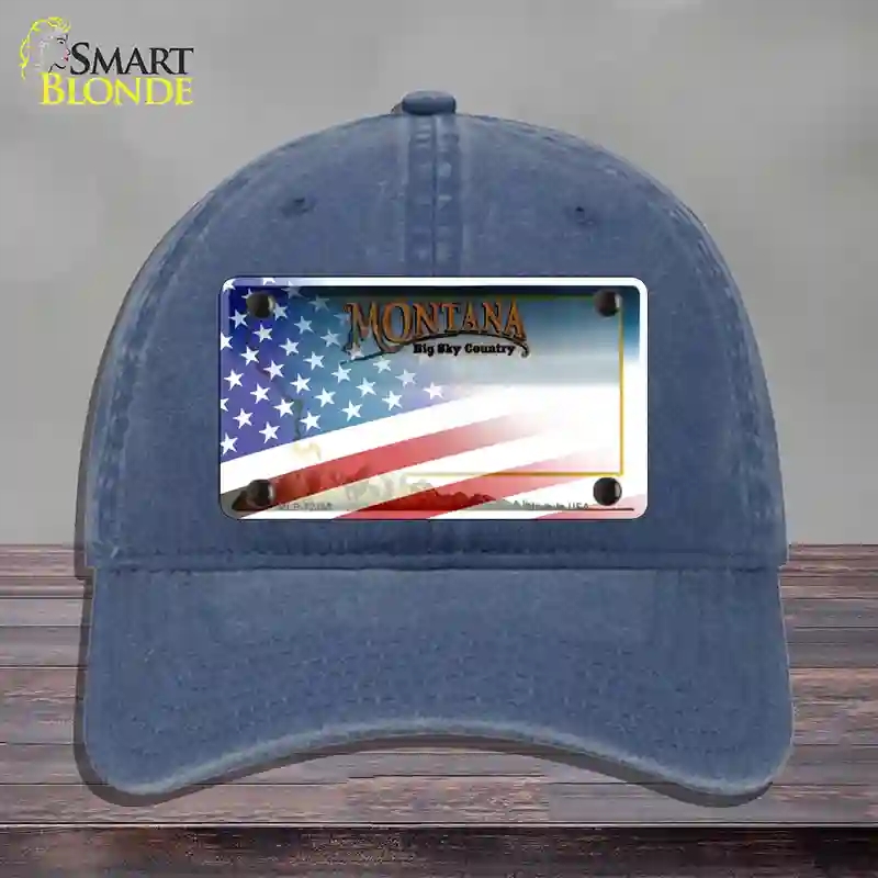 HAT11-MLP-12355 Montana with American Flag Novelty License Plate Hat, Unconstructed Cotton - Navy
