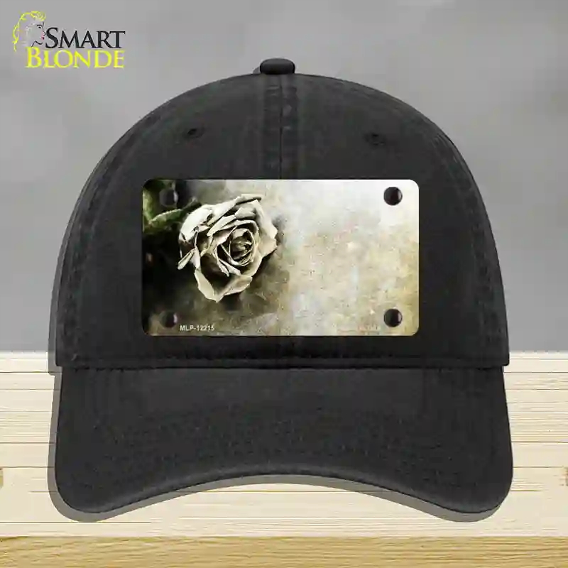 HAT07-MLP-12215 Black & White Rose Novelty License Plate Hat, Unconstructed Cotton - Black