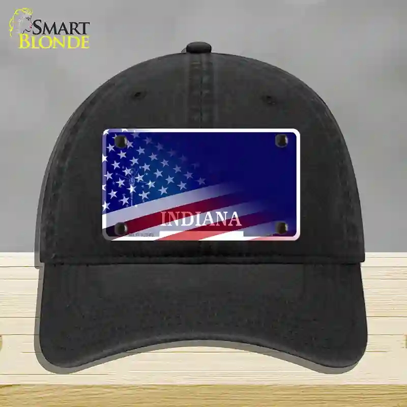 HAT07-MLP-12343 Indiana with American Flag Novelty License Plate Hat, Unconstructed Cotton - Black