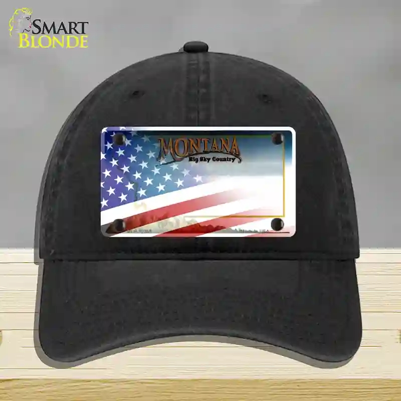 HAT07-MLP-12355 Montana with American Flag Novelty License Plate Hat, Unconstructed Cotton - Black