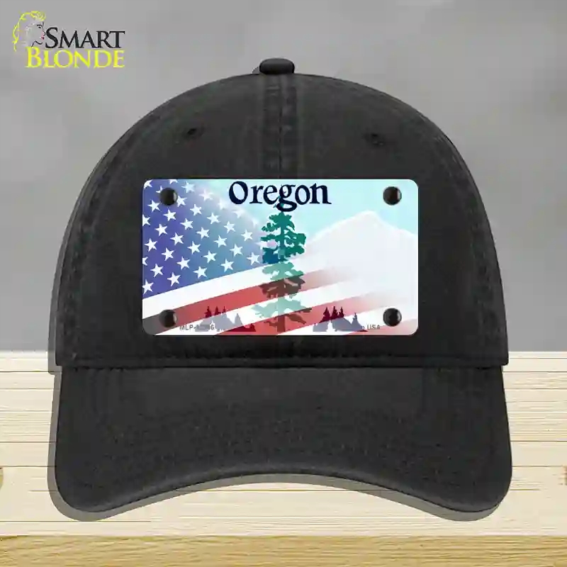 HAT07-MLP-12366 Oregon with American Flag Novelty License Plate Hat, Unconstructed Cotton - Black