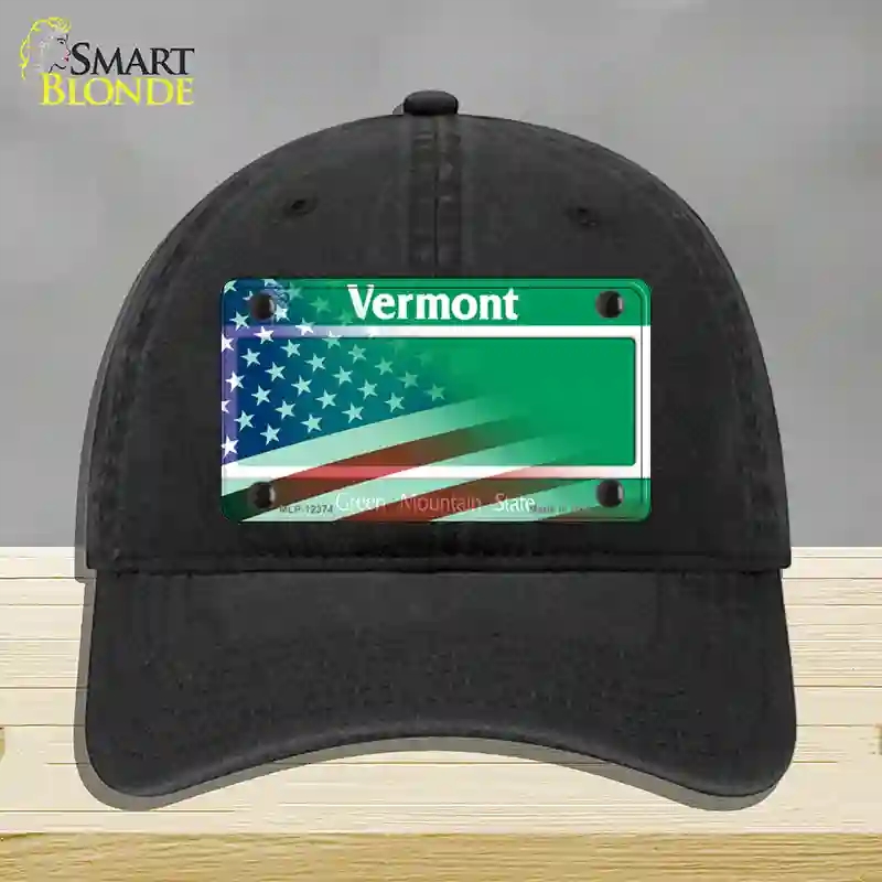 HAT07-MLP-12374 Vermont with American Flag Novelty License Plate Hat, Unconstructed Cotton - Black