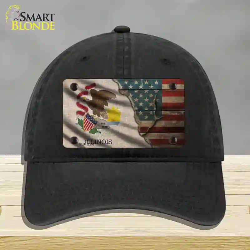 HAT07-MLP-12392 Illinois & American Flag Novelty License Plate Hat, Unconstructed Cotton - Black