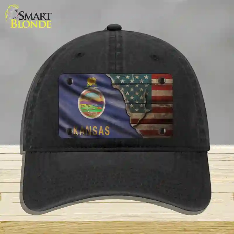 HAT07-MLP-12395 Kansas & American Flag Novelty License Plate Hat, Unconstructed Cotton - Black
