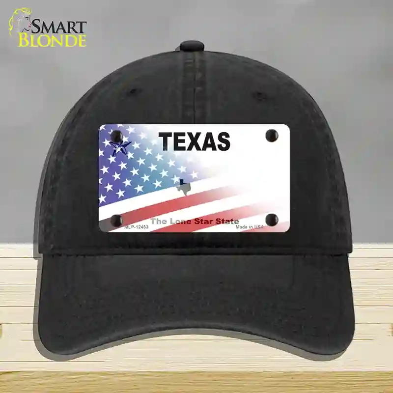 HAT07-MLP-12453 Texas White with American Flag Novelty License Plate Hat, Unconstructed Cotton - Black