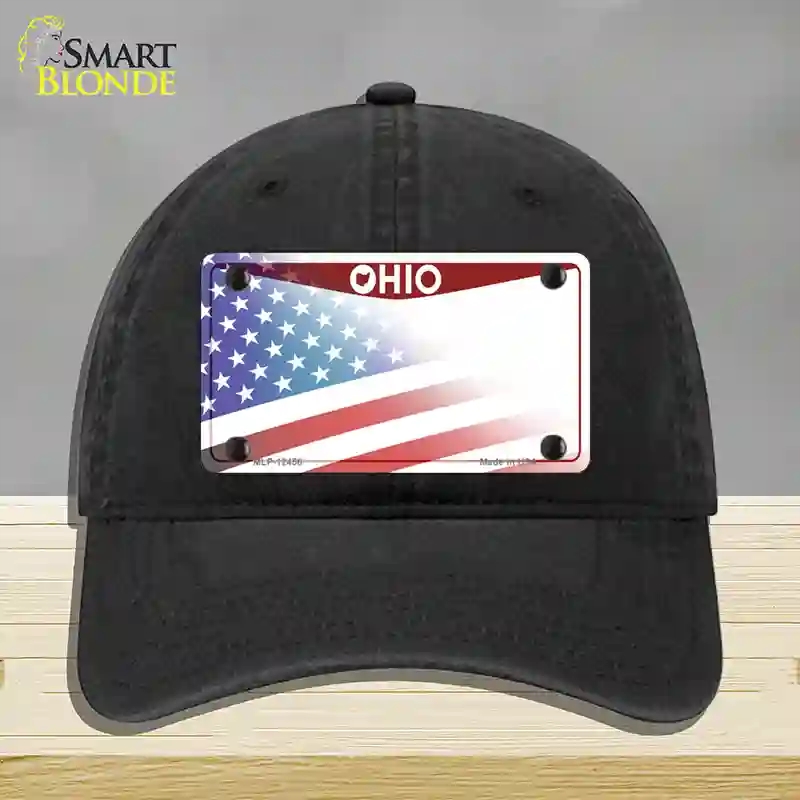 HAT07-MLP-12456 Ohio State American Flag Novelty License Plate Hat, Unconstructed Cotton - Black