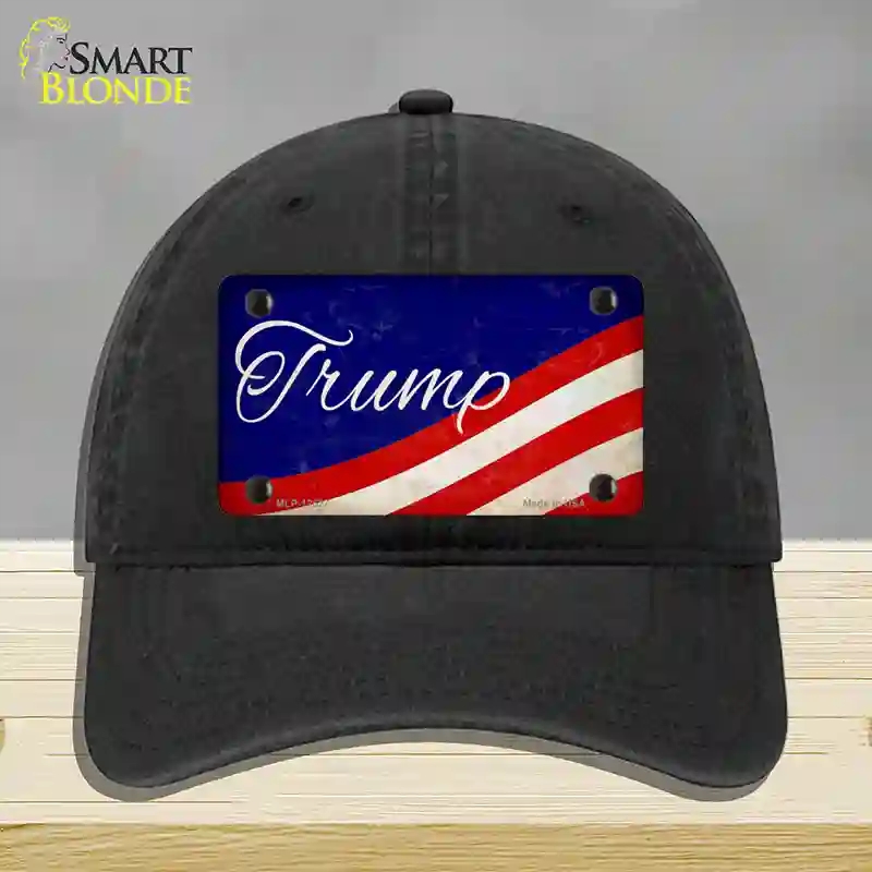 HAT07-MLP-12527 Trump on Waving Flag Novelty License Plate Hat, Unconstructed Cotton - Black