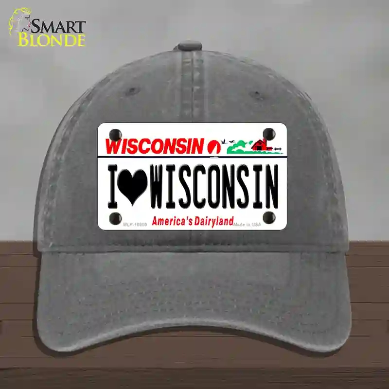 HAT08-MLP-10609 I Love Wisconsin Novelty License Plate Hat, Unconstructed Cotton - Charcoal