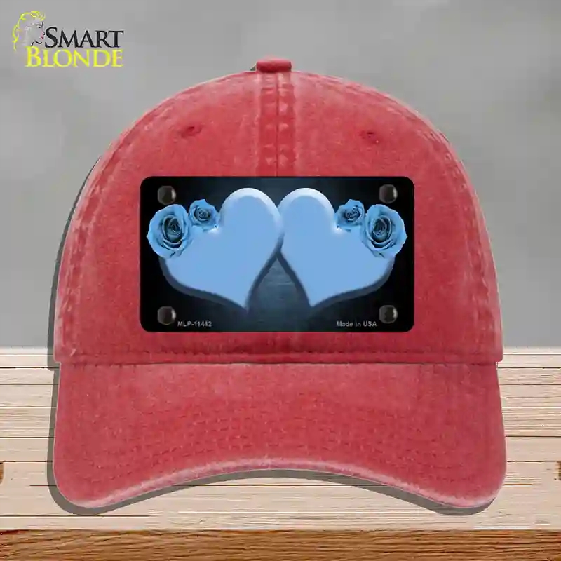 HAT13-MLP-11442 Hearts Over Roses in Light Blue Novelty License Plate Hat, Unconstructed Cotton - Red